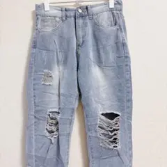 ダメージジーンズ クラッシュ デニム パンツ ジーパン ライトブルー【S】