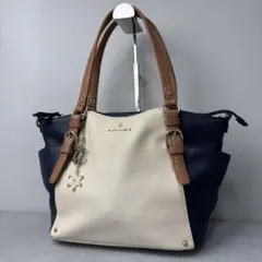 良品✨4°C トートバッグ レザー バイカラー チャーム ロゴ ネイビー