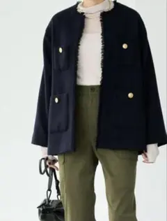 美品 2022AWグリーンレーベル ツイードノーカラージャケットネイビー 38