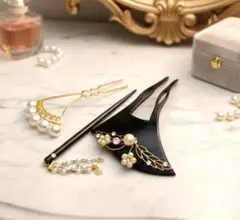 【美品】高級和装小物 かんざし 3点セット パール ゴールド 華やか