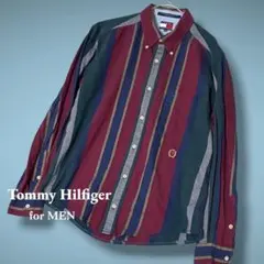 トミーヒルフィガー　90s フラッグタグ　ワンポイント刺繍ロゴ　ストライプ　L