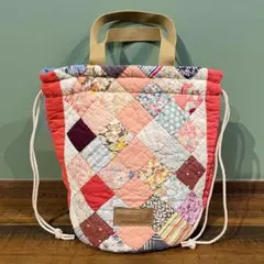 50's アンティークキルト パッチワーク キルティングバッグ 丸底巾着バッグ