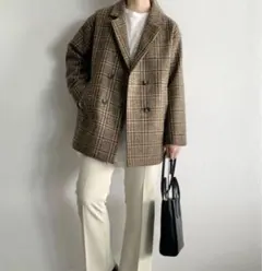 【ほぼ新品】LOWRYS FARM ツィードチェックダブルジャケット ブラウン