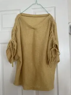 リボン付きVネックニットトップス ラメ入り　7部丈