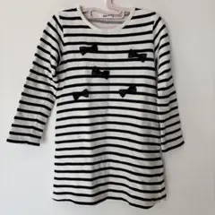 ストライプ 長袖チュニック 白黒 リボン付き