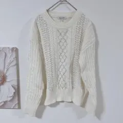 GLOBAL WORK ケーブル編み　ニット　ビーズ装飾　アイボリー　 L