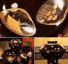 BK424　時代輪島塗　図替り　貝尽くし図金蒔絵　吸物椀　二客　木製　懐石 菓子