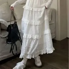 SHEIN 白 ホワイト レースフリルロングスカート Sサイズのサムネイル