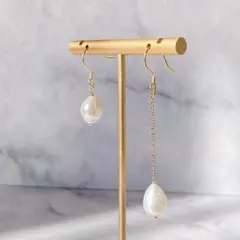 バロック　淡水パール　ゴールドチェーンピアス　18KGP/silver925