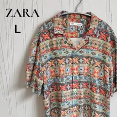 ZARA ザラ　シャツ　メンズ　オープンカラー　半袖 総柄　レーヨン　アロハのサムネイル