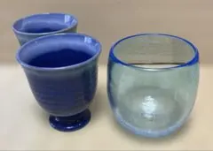 琉球ガラスコップ1個と藍色のフリーカップ2個セット