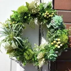 造花 玄関リース ぷっくり多肉植物のまんまるグリーンリース 大きめ