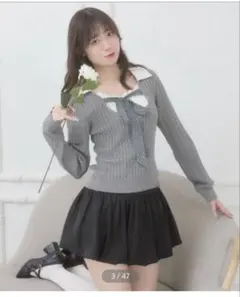 MAJESTIC LEGON チェックリボンレイヤードライクニット グレー