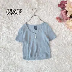 ●GAP クロップド丈 ヘンリーネックカットソー XS くすみブルー系