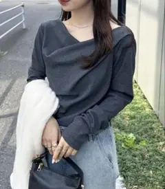 RANAN 2WAYドレープオフショルリブロンT チャコール