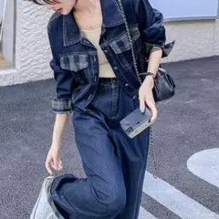 チェック柄デザインデニムセットアップ
