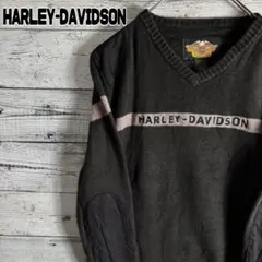 90s　香港製　ハーレーダビッドソン　Vネックニット　刺繍ロゴ　レディースL　黒