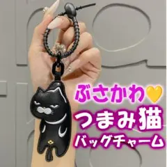 ✨大人気✨ ぶさかわ 黒猫 つまみ猫 キーホルダー バックチャーム PUレザー