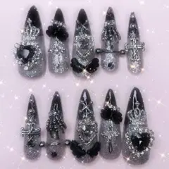 ④ネイルチップ　量産型　地雷　ラメ　ゴテゴテ　黒　姫系　ゆめかわ　ブラック　銀