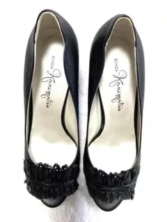 日本製✨新品未使用美品✨銀座かねまつ 黒 パンプス24cm オープントゥ レース