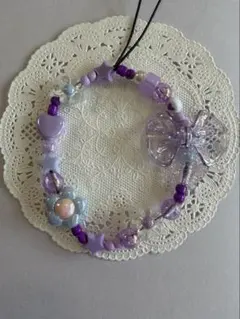 紫ビーズストラップ　携帯ストラップ