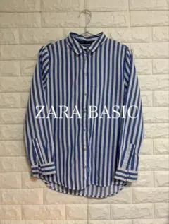 ZARA BASIC 青と白のストライプ長袖シャツ