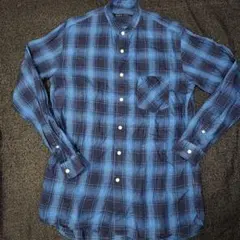 麻100% ニコアンド…青黒チェック柄長袖バンドカラーシャツ３表記