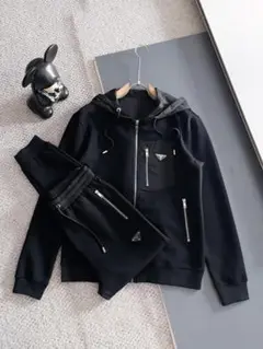 黒いジャージ上下セット フード付きＭ－２ＸＬ