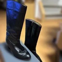 本革ブラックレザー中ヒールミディアムブーツ