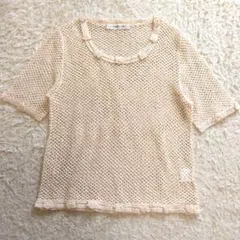 カネコイサオ ピンク 花モチーフ使い 透かし編みプルオーバー半袖綿