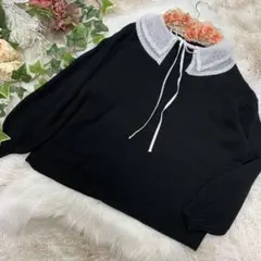 量産型　SUREVE ロリータレース襟リボン　ブラックニット　大きいサイズ3L