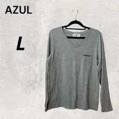 AZUL グレー L 長袖Tシャツ 英字プリント入り Vネック 薄手 レア 奇抜