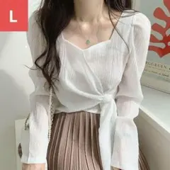 ブラウス　L　ホワイト　白　アシンメトリー　おしゃれ　長袖　ビジネス　きれい系