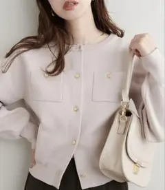 ポリニット金釦ポケ付きカーディガン