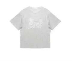 リボン刺繍 半袖Tシャツ グレー