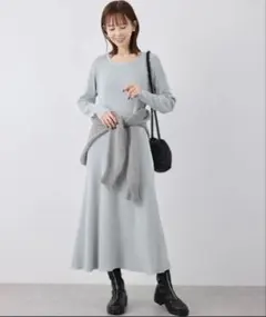 リブニット長袖ロングワンピース グレー