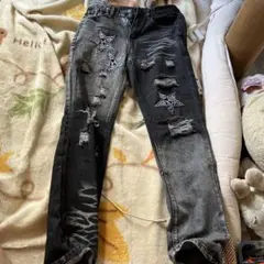 ダメージ加工 ペイント スキニーデニムパンツ ブラックドリップdrip29 