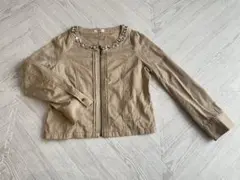 薄手アウター　ノーカラージャケット　ビジュー付き　ベージュ