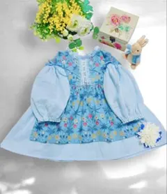 handmadeエプロン型ワンピース♡ウィリアムモリス・デイジー柄x水色Wガーゼ