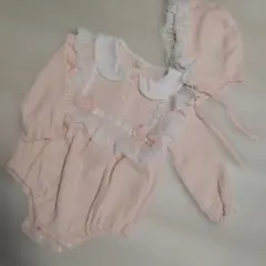 ピンク フリル付きロンパース 帽子付き