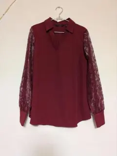 ISAAC MIZRAHI LIVE! バーガンディ レース袖シャツ