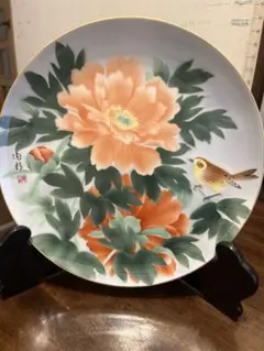深川製磁 飾り皿 牡丹図 陶彩作