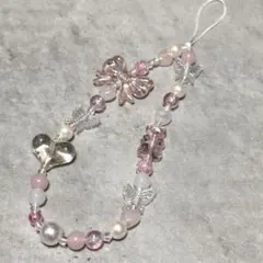 人気 携帯ストラップ ハンドメイド ビーズストラップ クリア ピンク