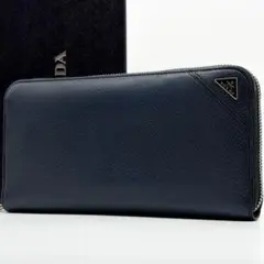 RFID搭載/美品✨プラダ 長財布 ラウンドファスナー 三角ロゴ シボ革 紺