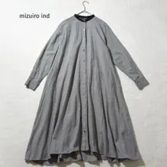 ミズイロインド　ボリューム フレア ワンピース 千鳥格子 ロング バンドカラー