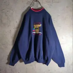 【USA製/90s】刺繍スウェット アニマル 古着 太アーム ネイビー XL