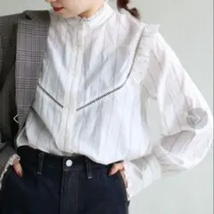 IENA コットンリヨセルシルクフリルシャツブラウス ストライプ