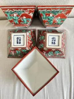 叶松谷　松谷窯　嘉靖意　赤絵　唐子画　向付　五客　組鉢　四角　懐石　会席　和食器 嘉靖意唐子小鉢 - 松谷窯 叶松谷