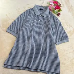 【UNIQLOユニクロ】半袖ポロシャツ グレー×ネイビー ストライプ XL