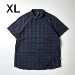 ノースフェイス 半袖シャツ XL チェックシャツ ネイビー ワンポイント